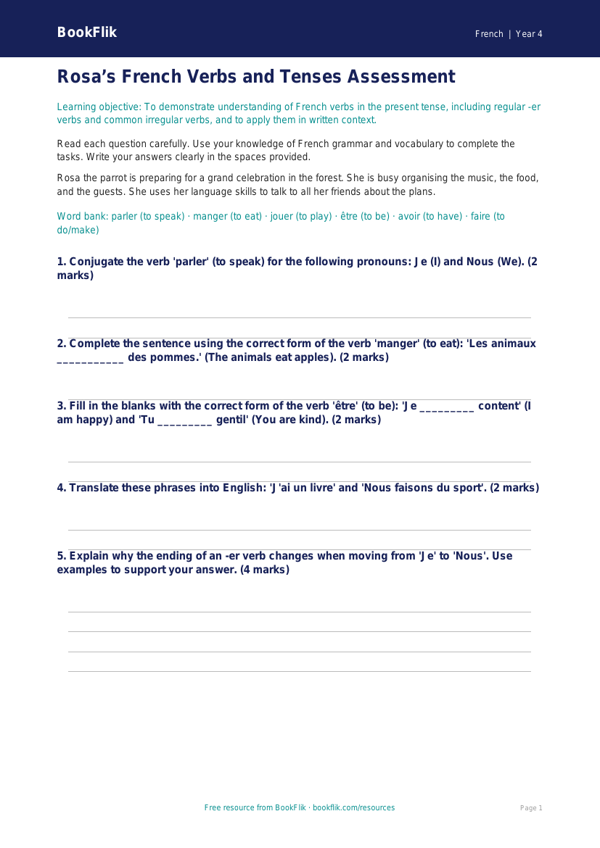 Class 4 French Verbs and Tenses Worksheet | CBSE Curriculum worksheet preview — French Verbs And Tenses
