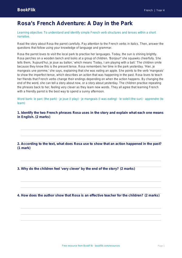 Class 4 French Verbs and Tenses Worksheet | CBSE NCERT | BookFlik worksheet preview — French Verbs And Tenses
