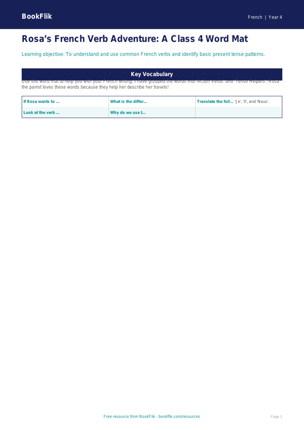 Free Verbs And Tenses Word Mat | Class 4 | French | BookFlik worksheet preview — French Verbs And Tenses