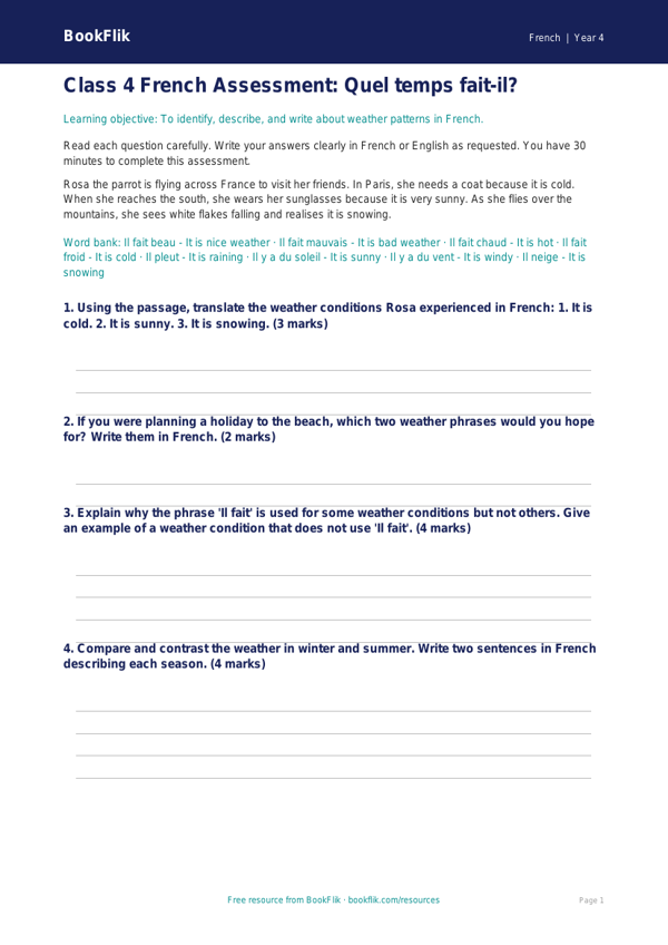 French Weather Assessment for Class 4 | CBSE Curriculum | BookFlik worksheet preview — French Weather