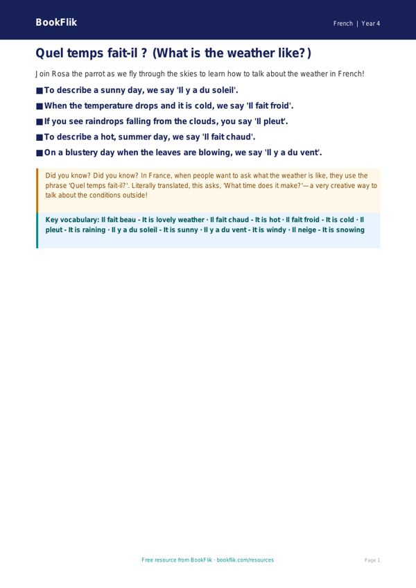 French Weather Vocabulary Poster | Class 4 CBSE | BookFlik worksheet preview — French Weather