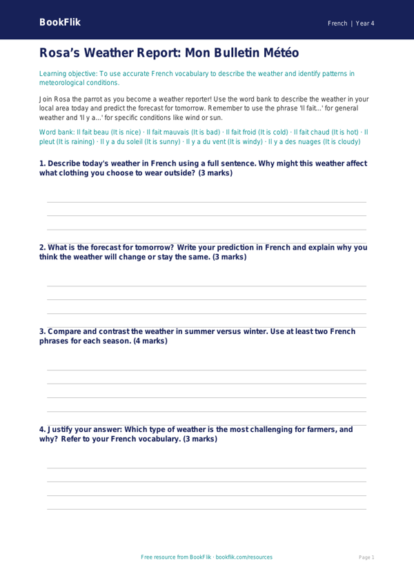 French Weather Lesson Plan & Worksheet | Class 4 CBSE | BookFlik worksheet preview — French Weather