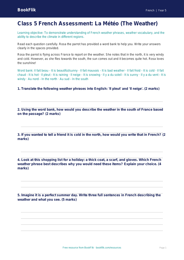 Weather Assessment for Class 5 French | CBSE Curriculum | BookFlik worksheet preview — French Weather
