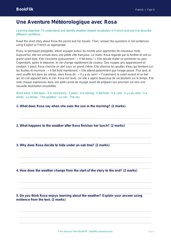 Weather Comprehension Class 5 Free | French Learning | BookFlik worksheet preview — French Weather