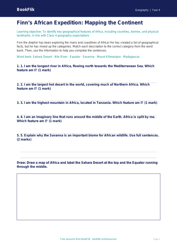 Free Africa Activity Sheet | Class 4 | Geography | BookFlik worksheet preview — Geography Africa