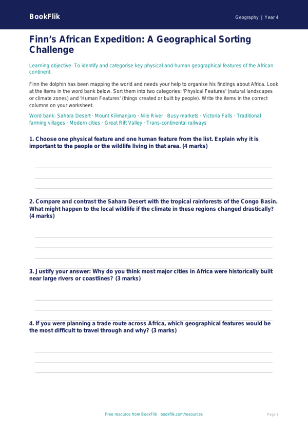 Free Africa Activity Sheet | Class 4 | Geography | BookFlik worksheet preview — Geography Africa