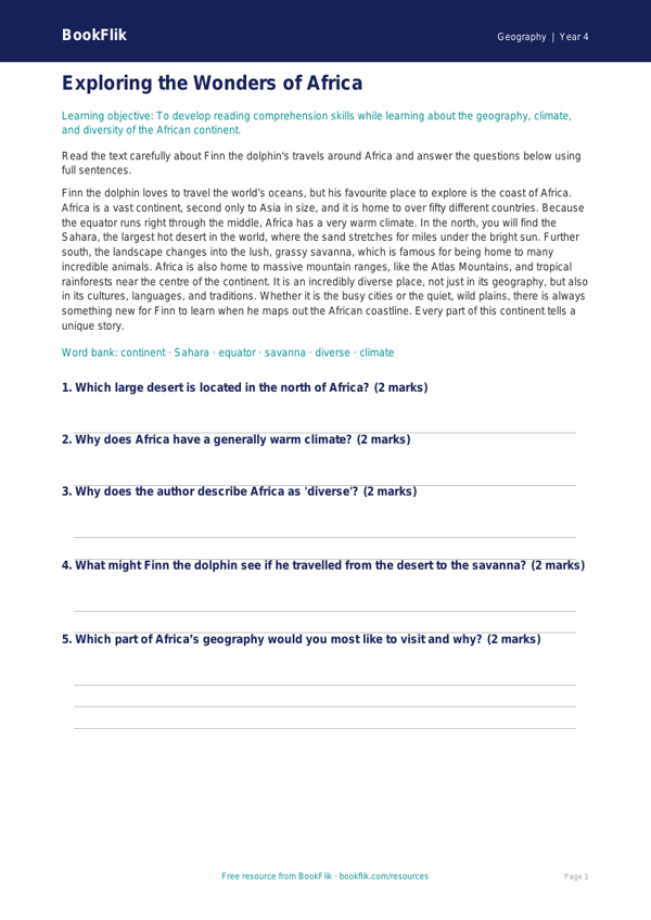 Exploring Africa: A Geography Comprehension for Class 4 | BookFlik worksheet preview — Geography Africa