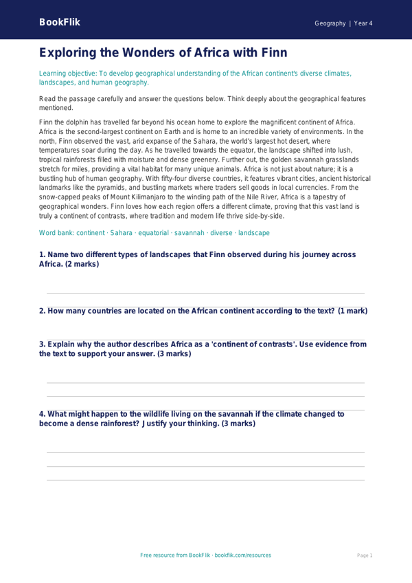 Free Africa Comprehension | Class 4 | Geography | BookFlik worksheet preview — Geography Africa