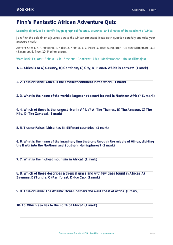 Explore Africa with BookFlik | Free Geography Quiz for Class 4 worksheet preview — Geography Africa