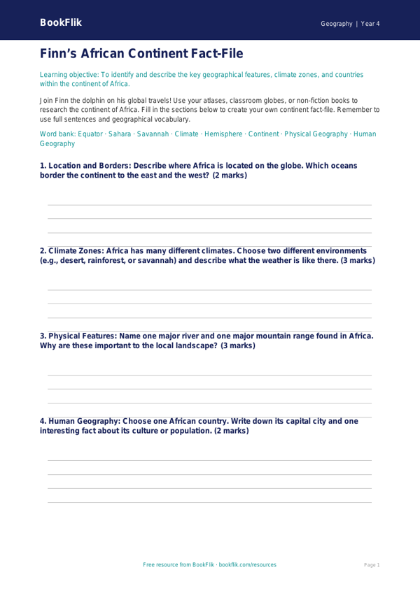 Africa Continent Worksheet for Class 4 | Geography | BookFlik worksheet preview — Geography Africa