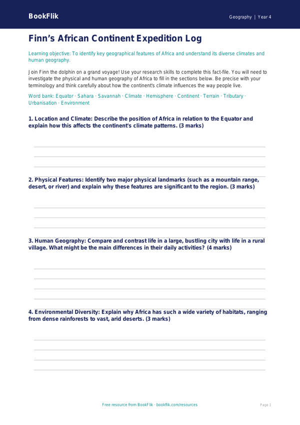 Africa Geography Worksheet for Class 4 | CBSE Curriculum | BookFlik worksheet preview — Geography Africa