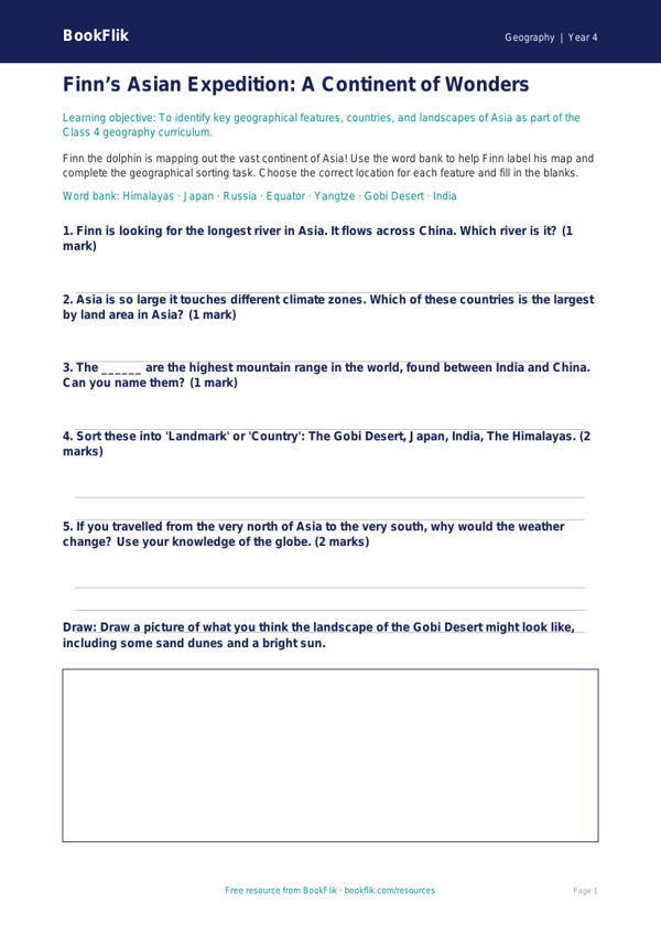 Explore Asia with Pip and Friends | Free Geography Activity Sheet for Class 4 | BookFlik worksheet preview — Geography Asia