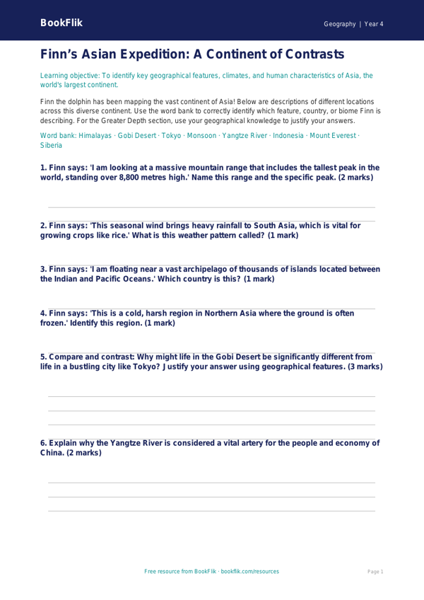Asia Activity Sheet for Class 4 | Geography | CBSE Curriculum worksheet preview — Geography Asia