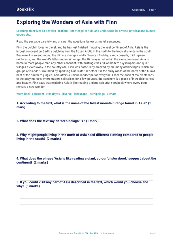 Asia Geography Comprehension for Class 4 | Free Download | BookFlik worksheet preview — Geography Asia