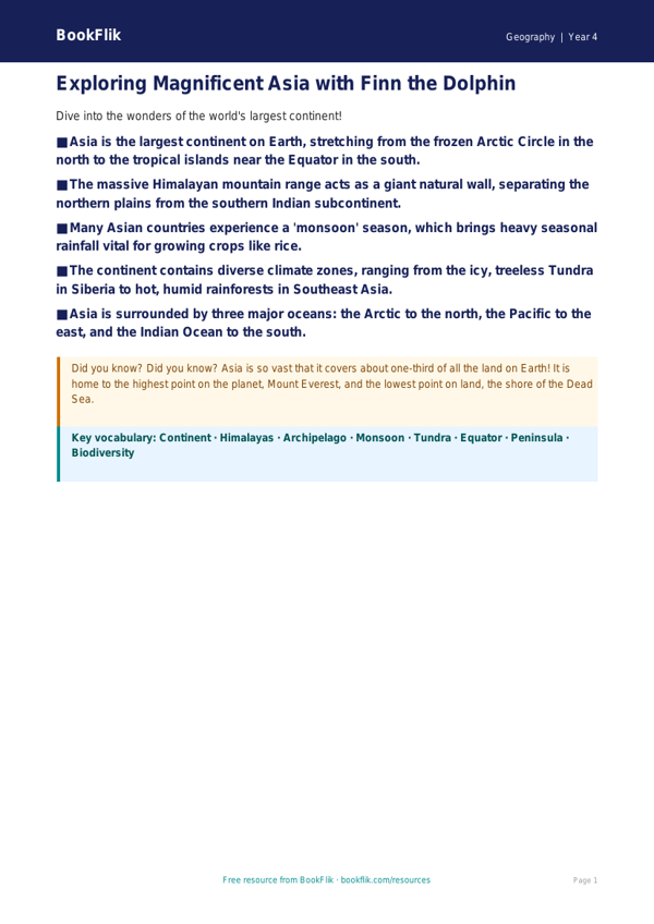 Free Asia Poster | Class 4 | Geography | BookFlik worksheet preview — Geography Asia
