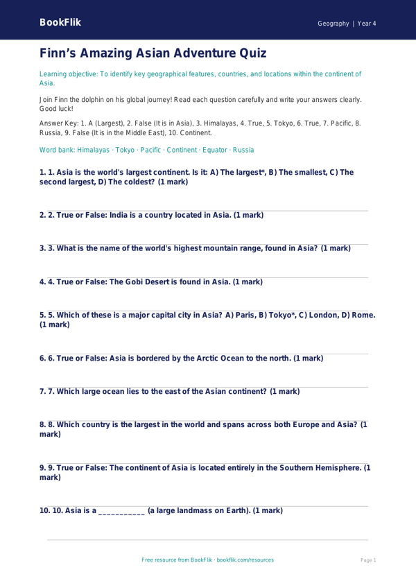 Explore Asia Quiz | Class 4 Geography | Free Download | BookFlik worksheet preview — Geography Asia