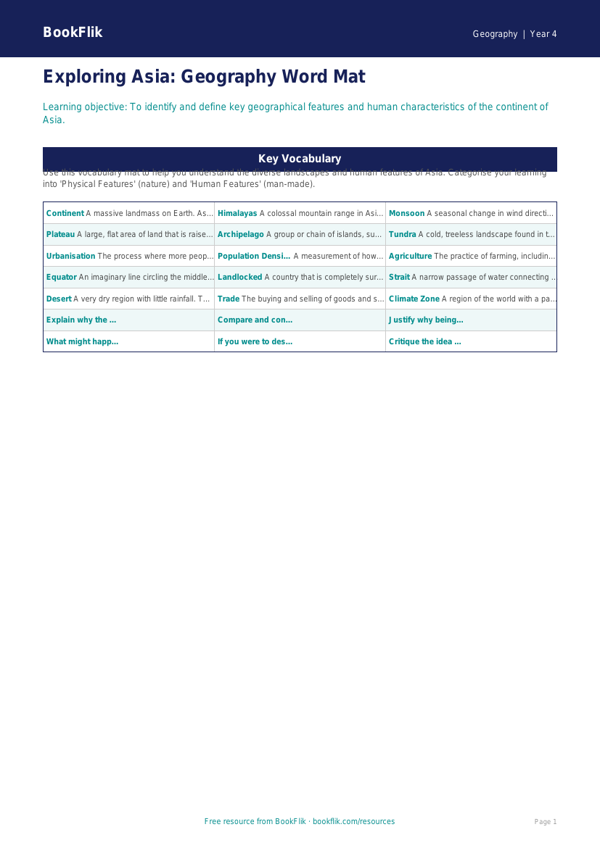 Asia Word Mat for Class 4 | Geography Resources | BookFlik worksheet preview — Geography Asia