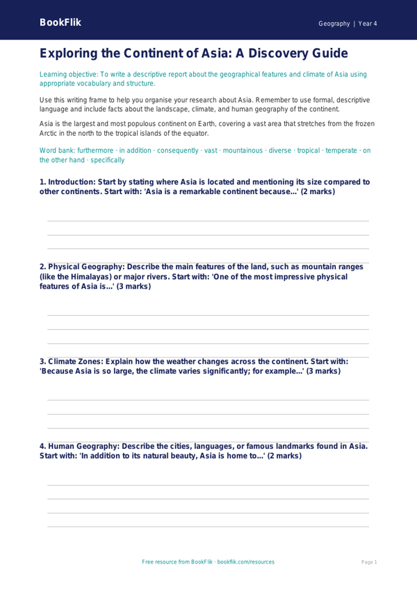 Free Asia Writing Frame for Class 4 Geography | BookFlik worksheet preview — Geography Asia