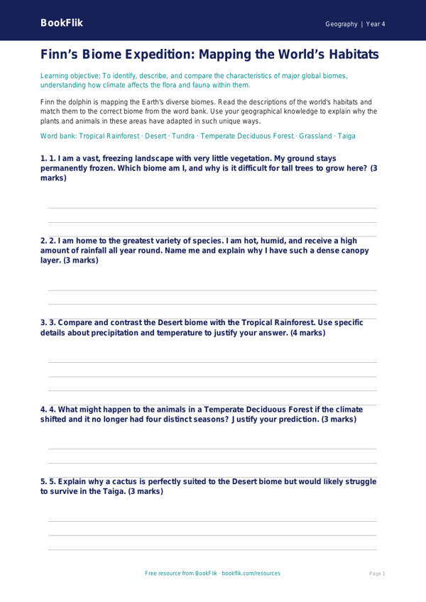 Free Biomes Activity Sheet | Class 4 | Geography | BookFlik worksheet preview — Geography Biomes