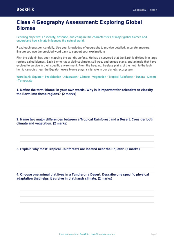 Free Biomes Assessment | Class 4 | Geography | BookFlik worksheet preview — Geography Biomes