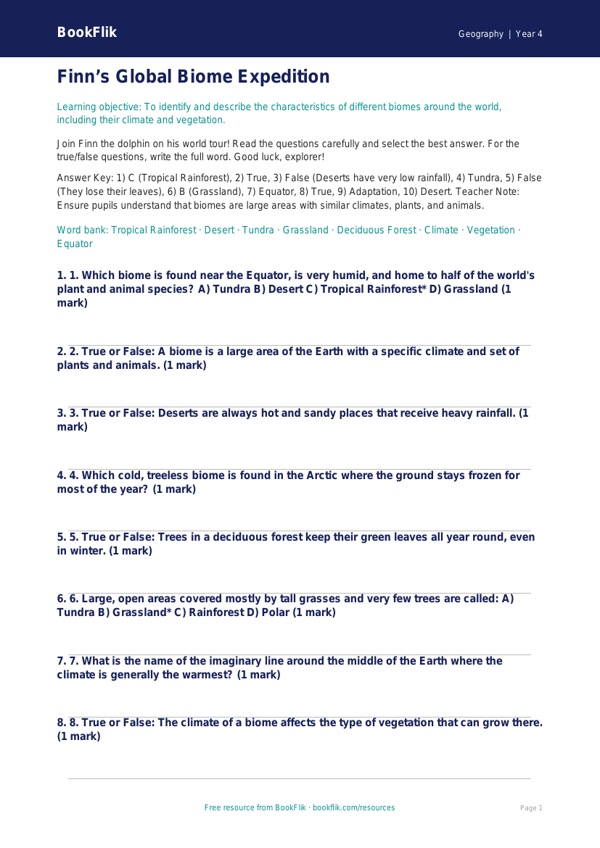 Free Biomes Quiz | Class 4 | Geography | BookFlik worksheet preview — Geography Biomes