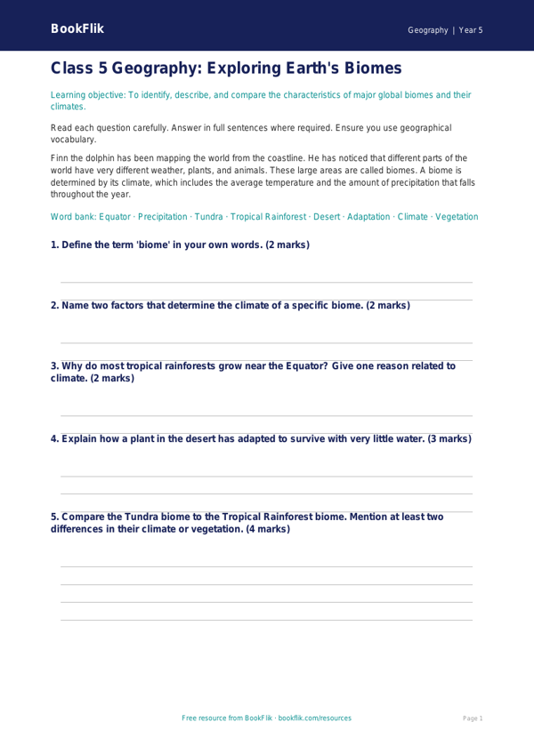 Free Biomes Assessment | Class 5 | Geography | BookFlik worksheet preview — Geography Biomes