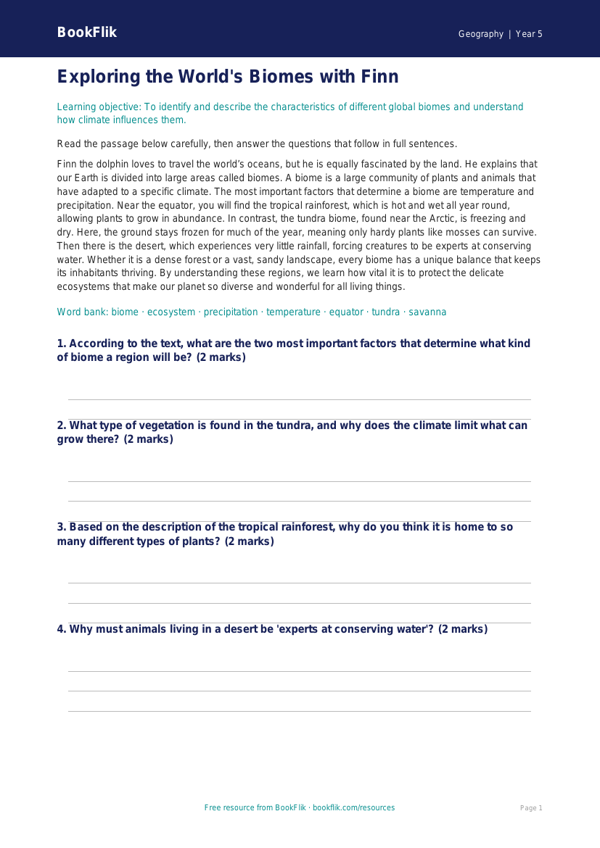 Free Biomes Comprehension | Class 5 | Geography | BookFlik worksheet preview — Geography Biomes