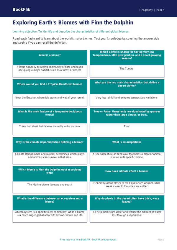 Free Biomes Flashcards | Class 5 | Geography | BookFlik worksheet preview — Geography Biomes