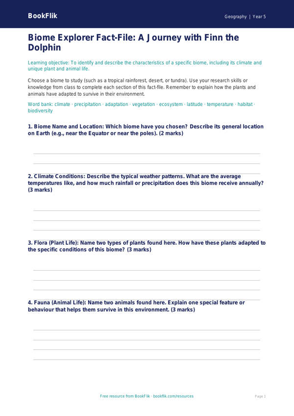 Free Biomes Template | Class 5 | Geography | BookFlik worksheet preview — Geography Biomes