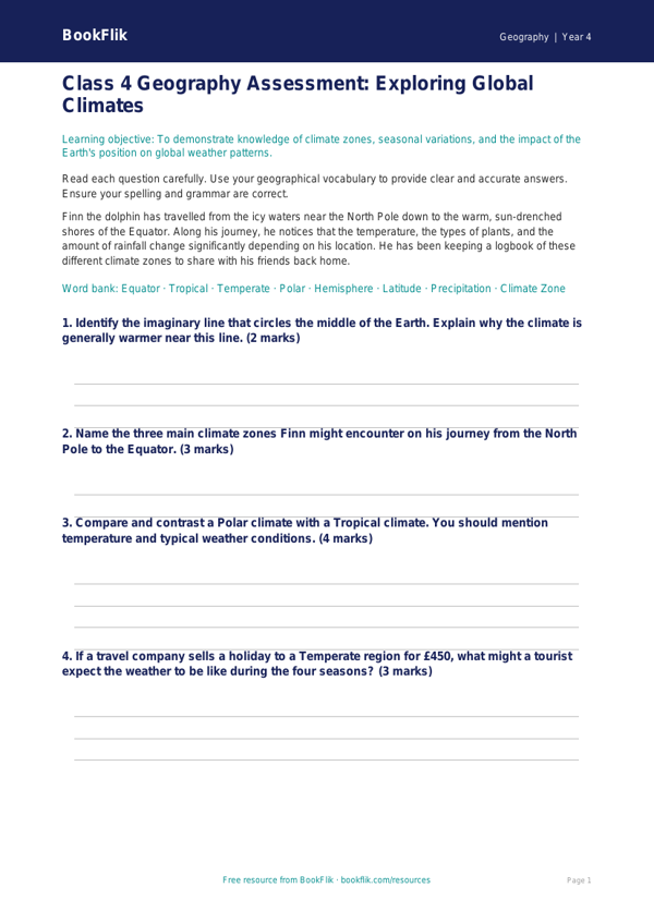 Free Climate Assessment | Class 4 | Geography | BookFlik worksheet preview — Geography Climate