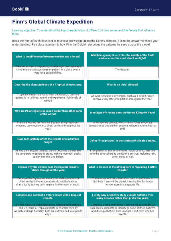Free Climate Flashcards | Class 4 | Geography | BookFlik worksheet preview — Geography Climate
