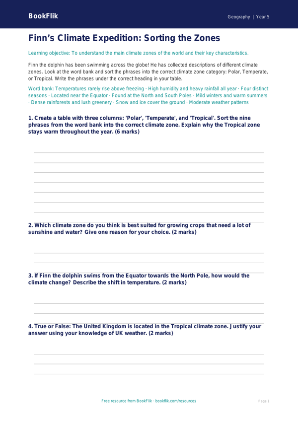 Climate Activity Sheet for Class 5 | CBSE Geography | BookFlik worksheet preview — Geography Climate