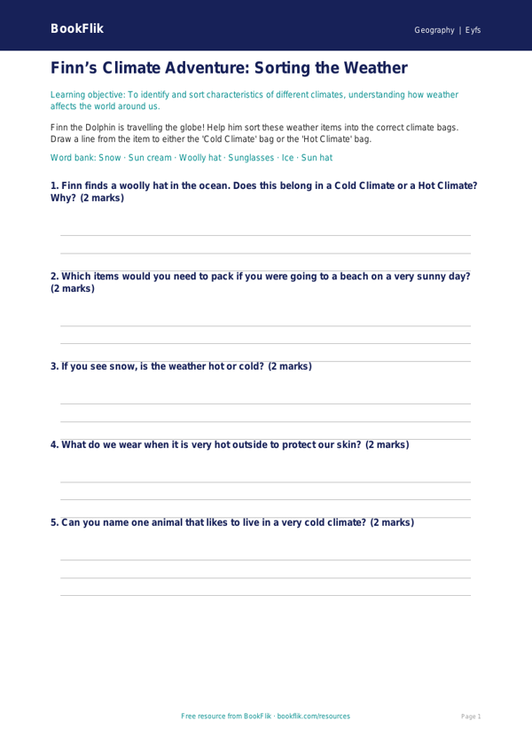 Free Climate Activity Sheet | Nursery / LKG | Geography | BookFlik worksheet preview — Geography Climate