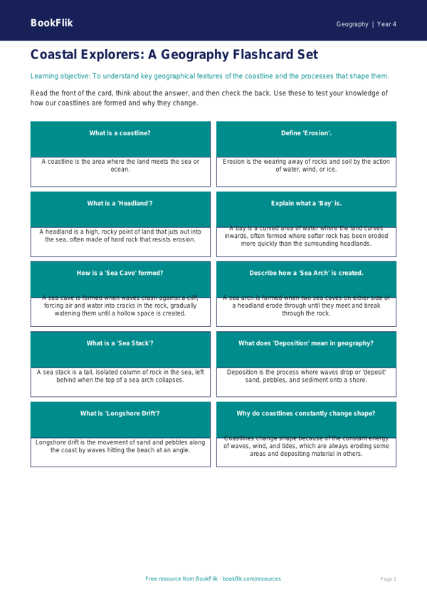 Free Coasts Flashcards | Class 4 | Geography | BookFlik worksheet preview — Geography Coasts