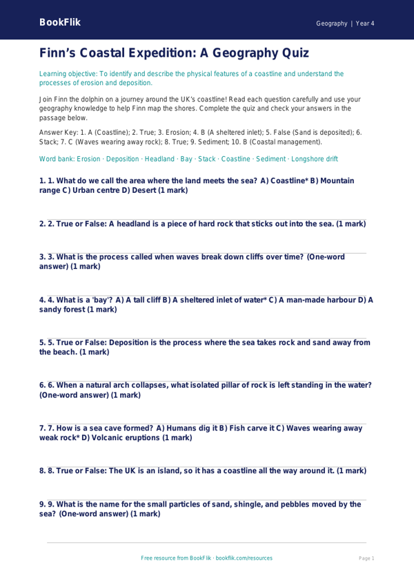 Coasts Quiz for Class 4 | CBSE Geography Practice | BookFlik worksheet preview β Geography Coasts