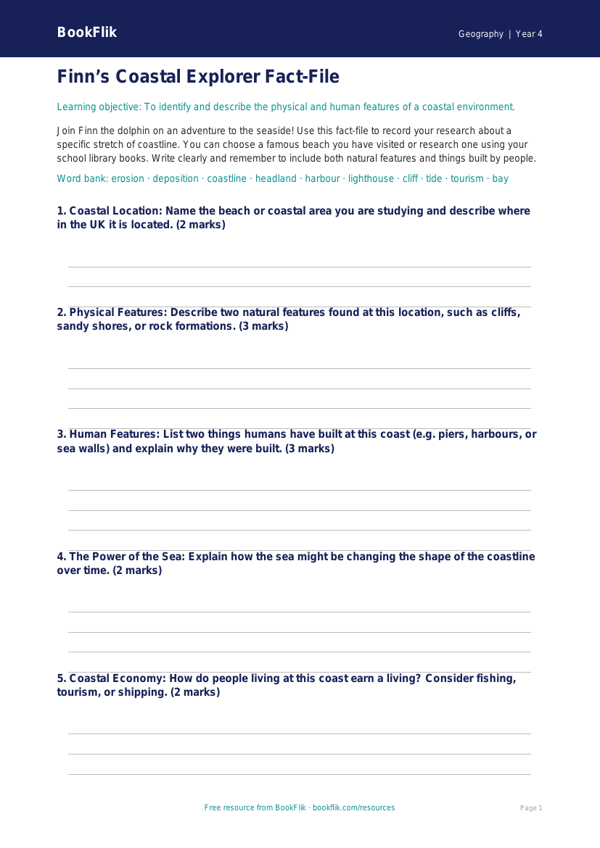 Free Coasts Template | Class 4 | Geography | BookFlik worksheet preview — Geography Coasts