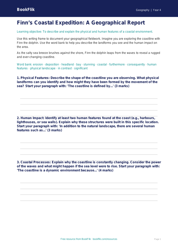 Free Coasts Writing Frame | Class 4 | Geography | BookFlik worksheet preview — Geography Coasts