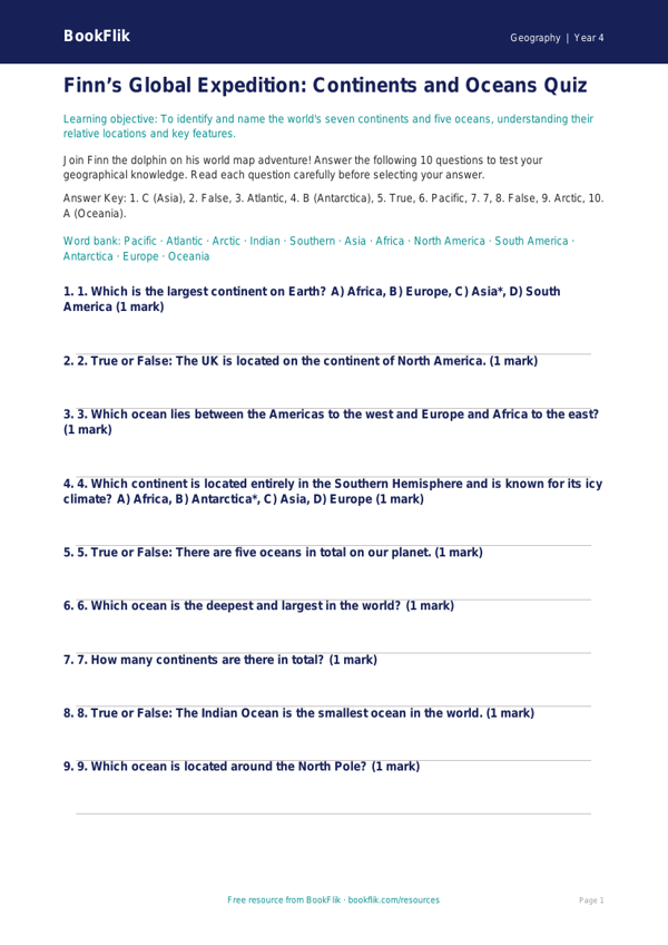 Free Continents And Oceans Quiz | Class 4 | Geography | BookFlik worksheet preview — Geography Continents And Oceans