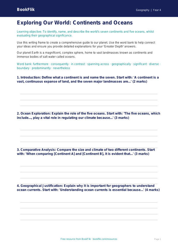 Free Continents And Oceans Writing Frame | Class 4 | Geography | BookFlik worksheet preview — Geography Continents And Oceans