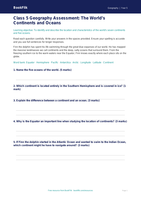 Free Continents And Oceans Assessment | Class 5 | Geography | BookFlik worksheet preview — Geography Continents And Oceans
