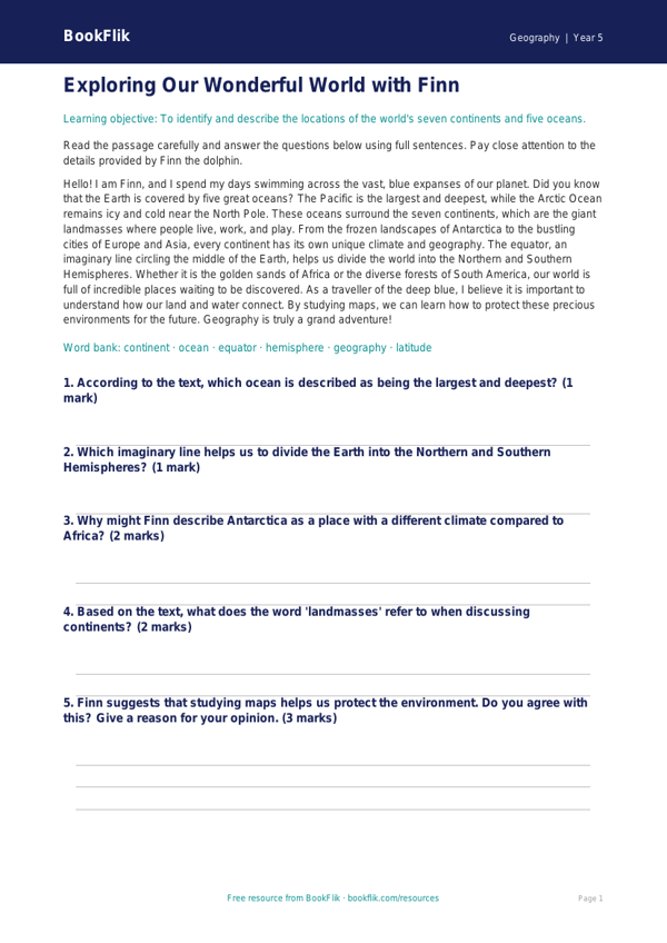 Free Continents And Oceans Comprehension | Class 5 | Geography | BookFlik worksheet preview — Geography Continents And Oceans