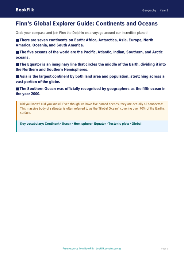 Free Continents And Oceans Poster | Class 5 | Geography | BookFlik worksheet preview — Geography Continents And Oceans