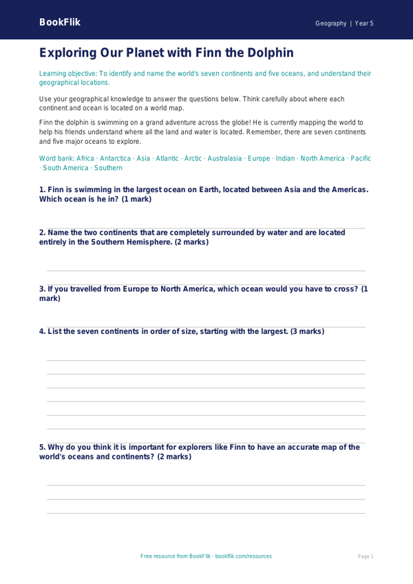 Free Continents And Oceans Worksheet | Class 5 | Geography | BookFlik worksheet preview — Geography Continents And Oceans