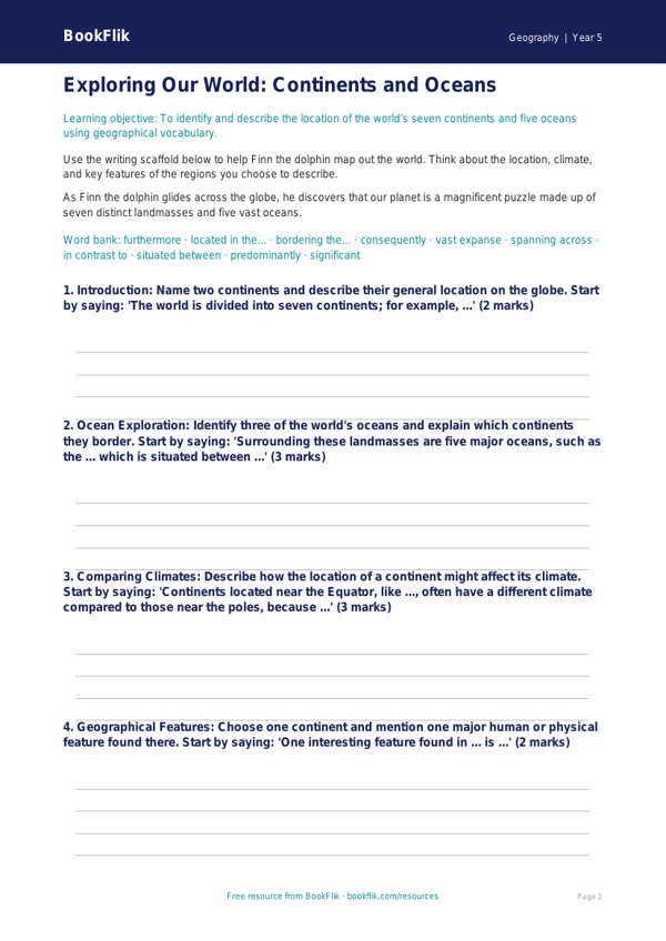 Free Continents And Oceans Writing Frame | Class 5 | Geography | BookFlik worksheet preview — Geography Continents And Oceans