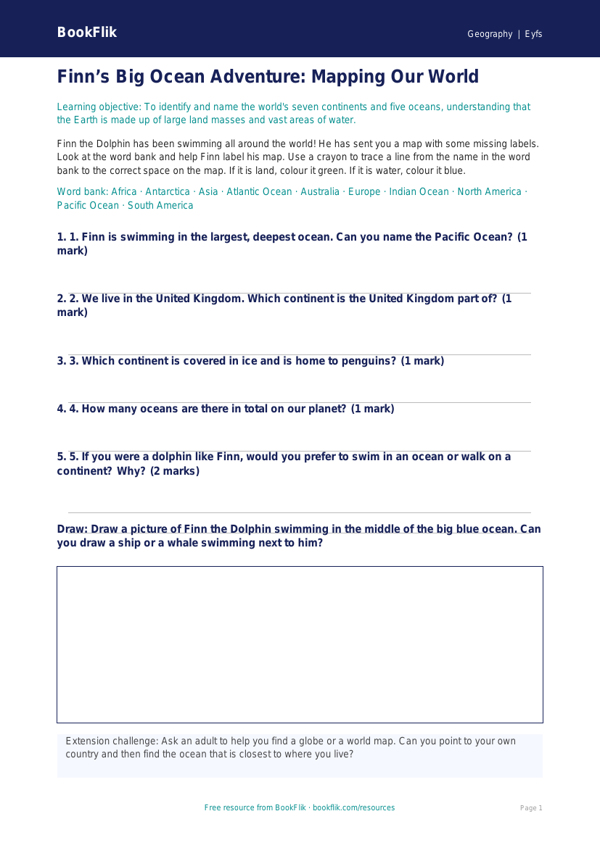 Free Continents And Oceans Activity Sheet | Nursery / LKG | Geography | BookFlik worksheet preview — Geography Continents And Oceans