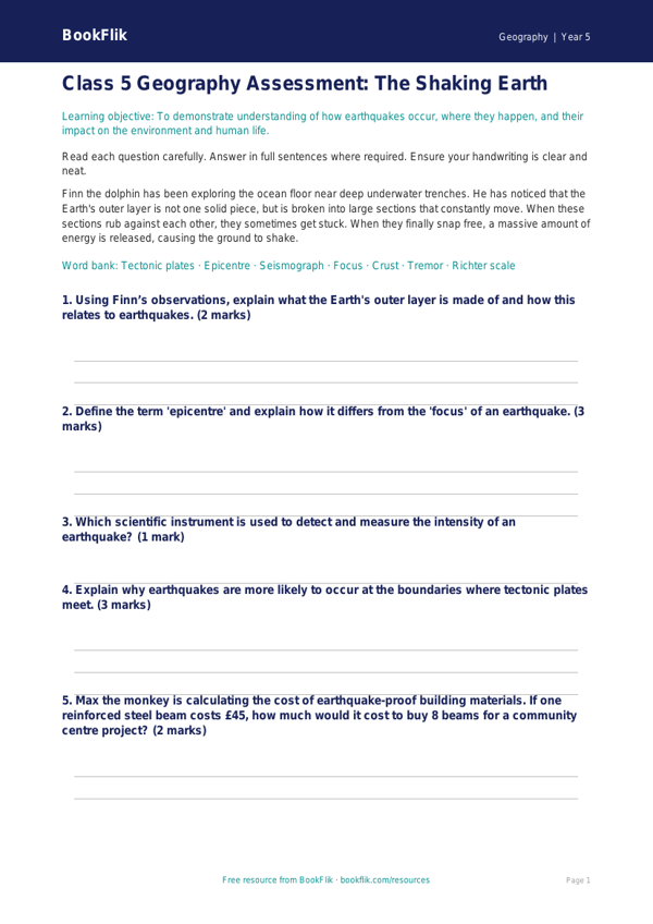 Free Earthquakes Assessment | Class 5 | Geography | BookFlik worksheet preview — Geography Earthquakes