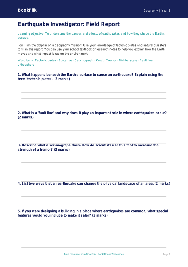 Free Earthquakes Template | Class 5 | Geography | BookFlik worksheet preview — Geography Earthquakes