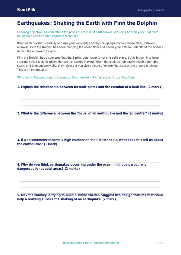 Free Earthquakes Worksheet | Class 5 | Geography | BookFlik worksheet preview — Geography Earthquakes