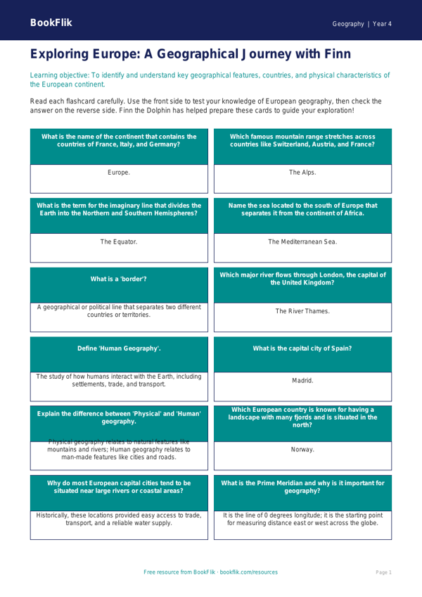 Europe Geography Flashcards for Class 4 | CBSE Curriculum | BookFlik worksheet preview — Geography Europe