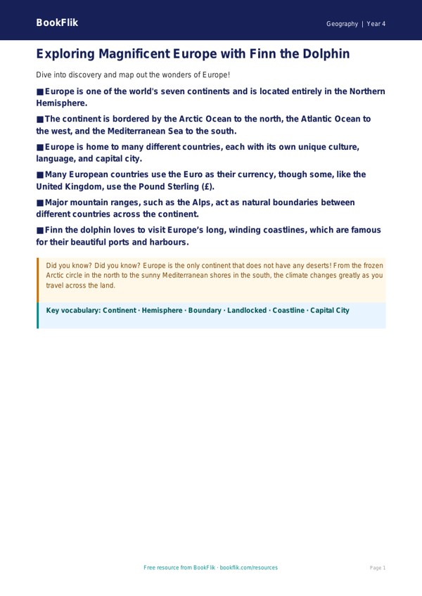 Europe Poster for Class 4 | Geography Resources | BookFlik worksheet preview — Geography Europe